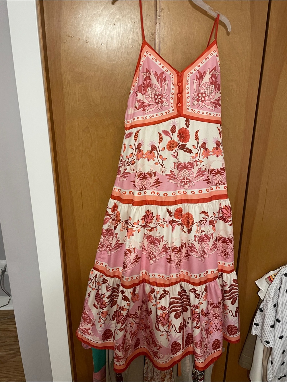 SHEIN Pink, Coral & Cream Floral Tiered Maxi Dress with Spaghetti Straps